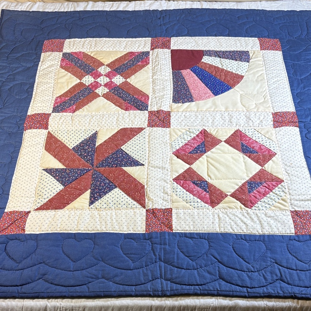 Handmade Vintage Sampler Quilt Blue Border Hearts Fan Pinwheel Americana Decor